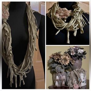 UPCYCLED one of a kind Floral Fringe taupe beige INFINITY SCARF WRAP Peachy Pink